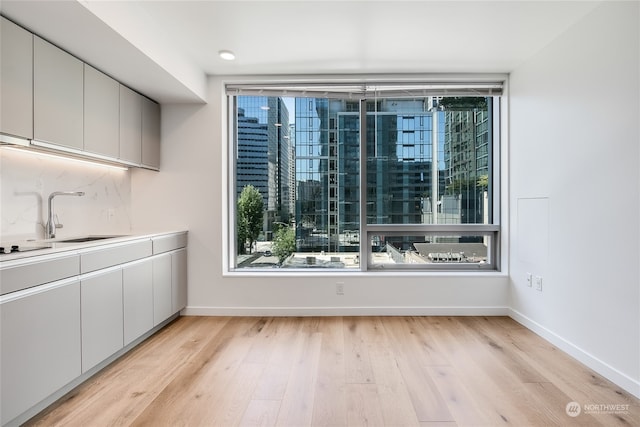 unfurnished dining area featuring sink and light hardwood / wood-style floors