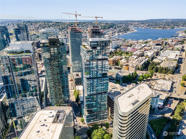 birds eye view of property featuring a water view