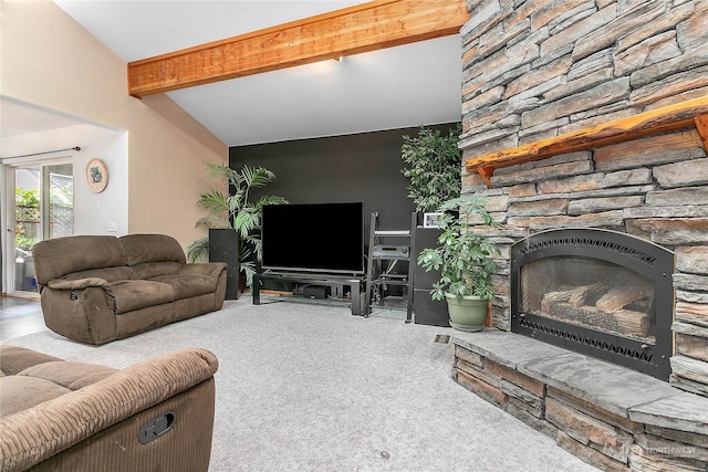 living room featuring a fireplace, lofted ceiling with beams, and light carpet