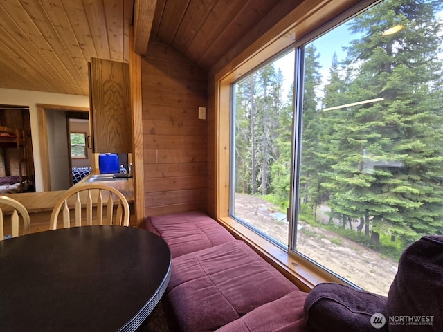 291 Spoke Ln, Cle Elum, WA 98922 - dining space featuring wooden ceiling, wooden walls, lofted ceiling, and plenty of natural light