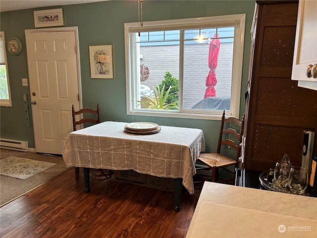 dining room featuring dark hardwood / wood-style flooring and a baseboard radiator