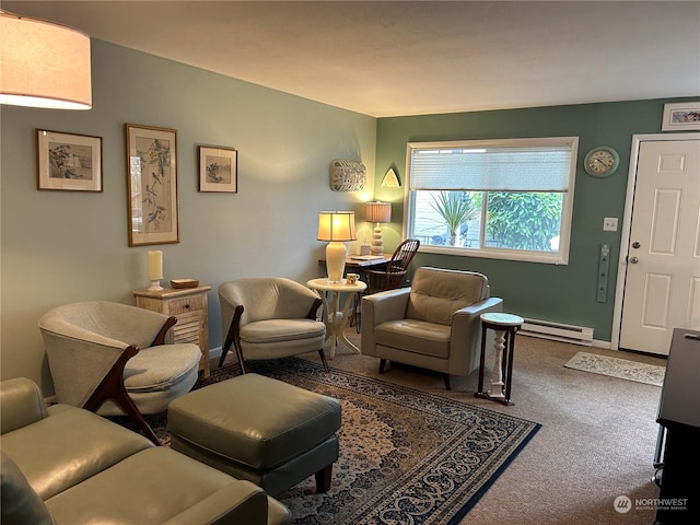 carpeted living room featuring baseboard heating