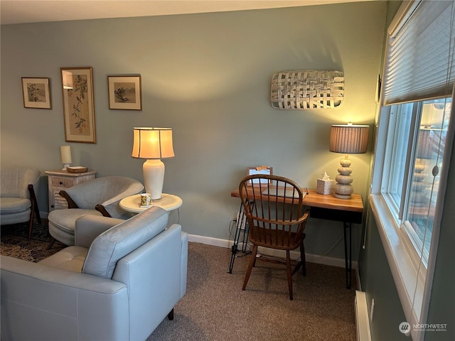 carpeted living room featuring a baseboard heating unit