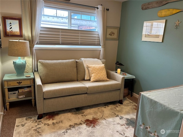 sitting room featuring light carpet