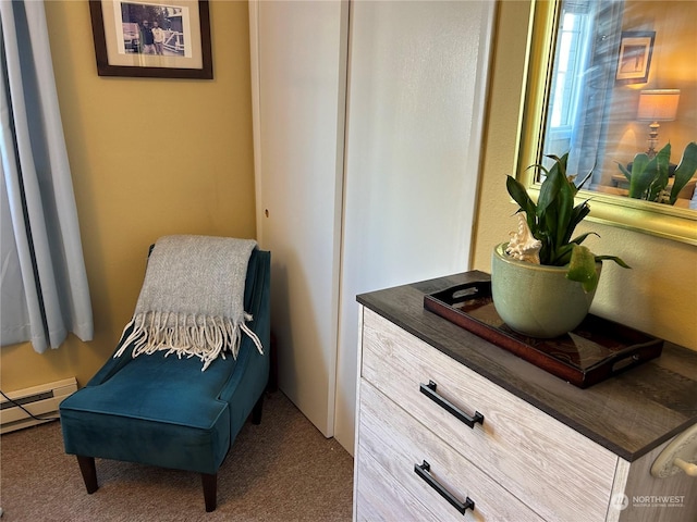 living area featuring carpet and baseboard heating