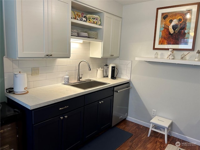 kitchen with sink, dark hardwood / wood-style floors, dishwasher, white cabinets, and backsplash