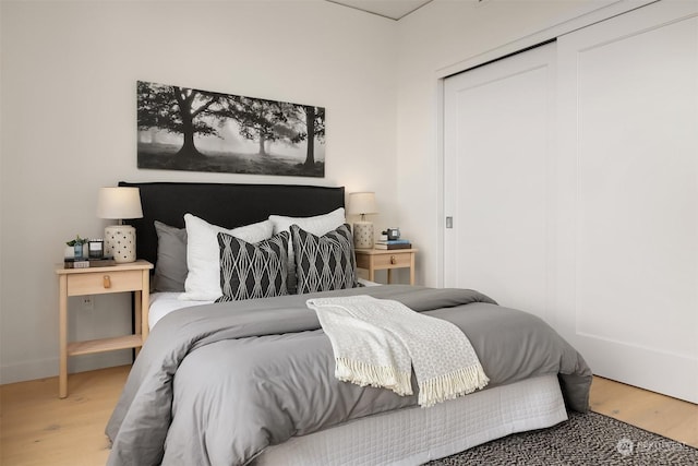 bedroom featuring wood-type flooring and a closet