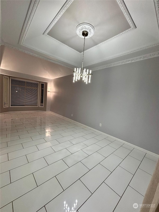 unfurnished dining area with a raised ceiling, ornamental molding, light tile patterned flooring, and a notable chandelier