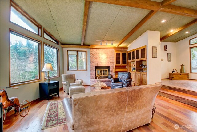 3917 Mallard Point Dr, Anacortes, WA 98221 - living room with vaulted ceiling with beams, hardwood / wood-style flooring, a brick fireplace, and a wealth of natural light