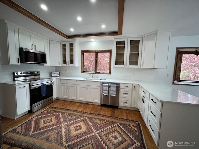 3917 Mallard Point Dr, Anacortes, WA 98221 - kitchen with light countertops, appliances with stainless steel finishes, dark wood-style flooring, and a sink