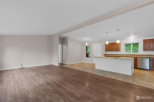 kitchen featuring a wealth of natural light, dishwasher, light hardwood / wood-style floors, and decorative light fixtures