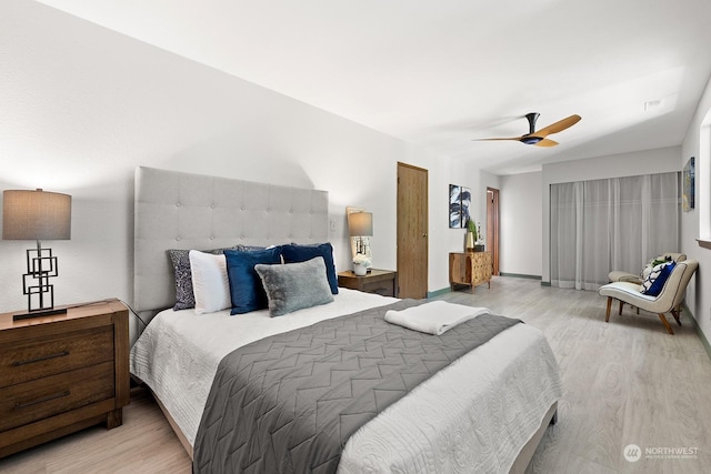 bedroom featuring light hardwood / wood-style floors and ceiling fan