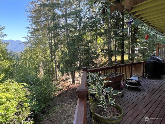 wooden deck with a mountain view and grilling area