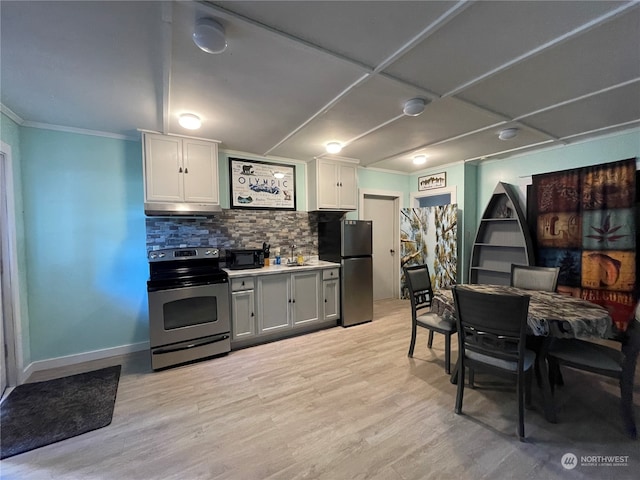 kitchen with decorative backsplash, stainless steel appliances, light wood-type flooring, and white cabinets