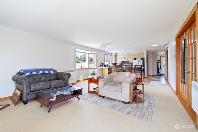 carpeted living room featuring heating unit