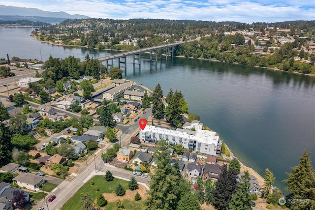 birds eye view of property with a water and mountain view