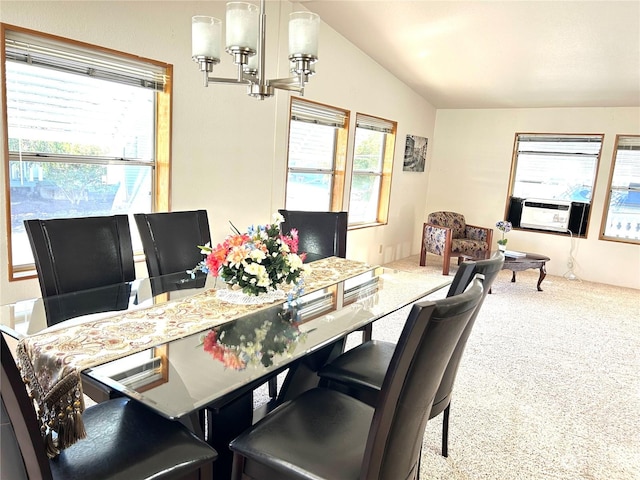 carpeted dining area featuring vaulted ceiling, cooling unit, and a notable chandelier