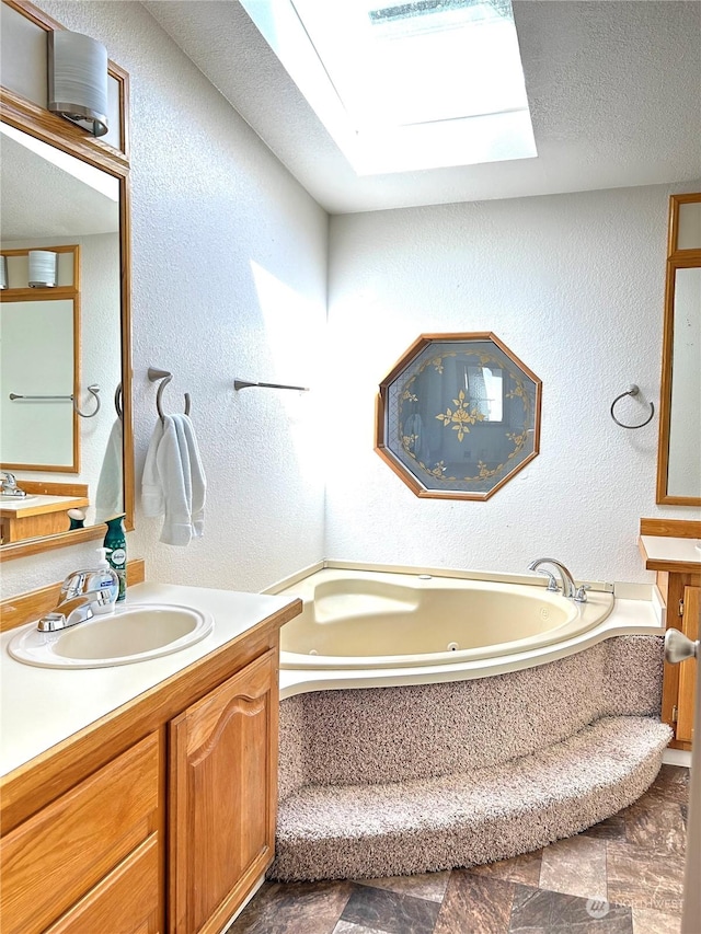 bathroom with tiled tub, vanity, a textured ceiling, and a skylight