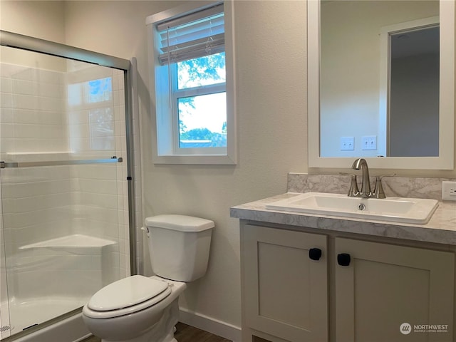 bathroom with vanity, toilet, and walk in shower