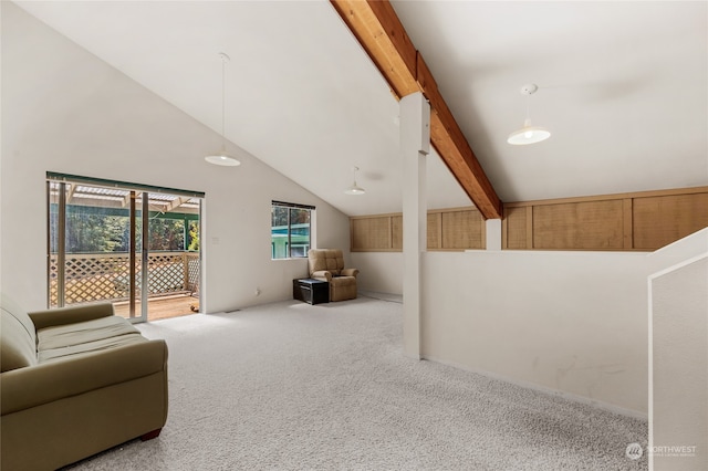 bonus room with carpet and lofted ceiling with beams