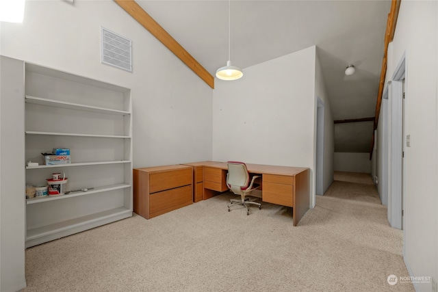 home office with light colored carpet