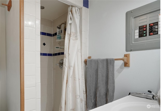 bathroom with electric panel and a shower with curtain