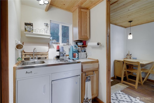 kitchen featuring sink, wood ceiling, hanging light fixtures, light brown cabinets, and light hardwood / wood-style floors