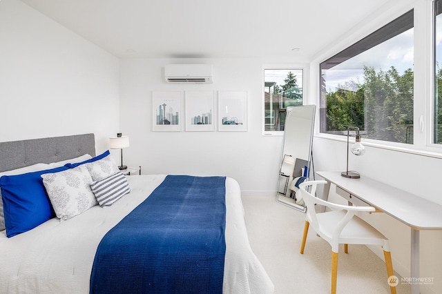 bedroom featuring an AC wall unit and carpet flooring