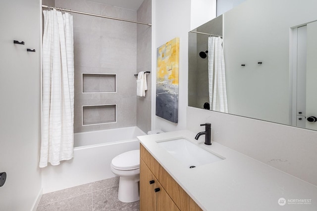 full bathroom with vanity, toilet, and shower / bath combo with shower curtain