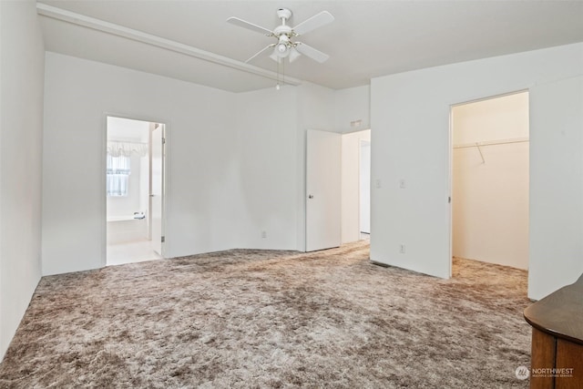 unfurnished bedroom with carpet floors, a walk in closet, a closet, ensuite bathroom, and ceiling fan