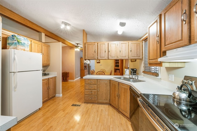 kitchen featuring light wood-style flooring, electric range, freestanding refrigerator, a sink, and under cabinet range hood