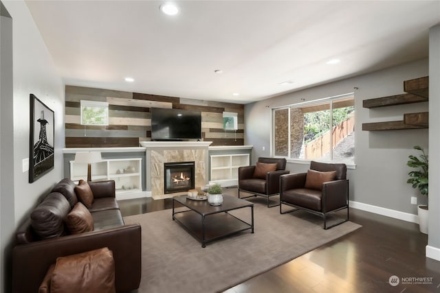 living room featuring a fireplace and dark hardwood / wood-style floors