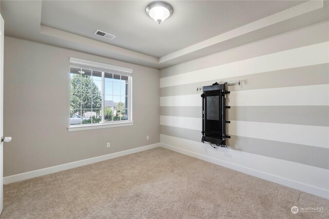 carpeted spare room with a tray ceiling