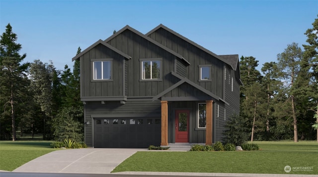 craftsman house featuring a garage and a front lawn