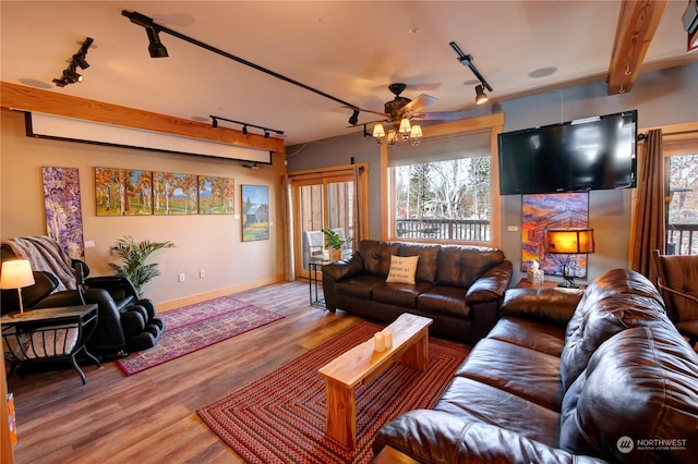 living room featuring ceiling fan, rail lighting, wood-type flooring, and beamed ceiling