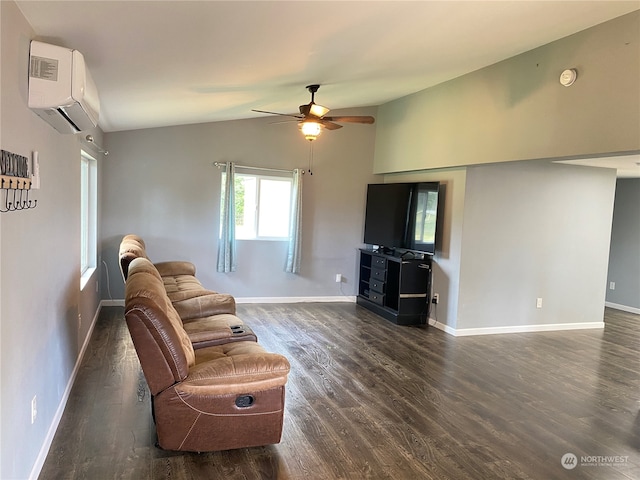 living room featuring ceiling fan, dark hardwood / wood-style floors, vaulted ceiling, and a wall mounted AC