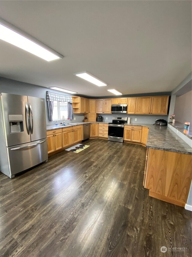 kitchen featuring dark stone countertops, dark hardwood / wood-style flooring, appliances with stainless steel finishes, and sink