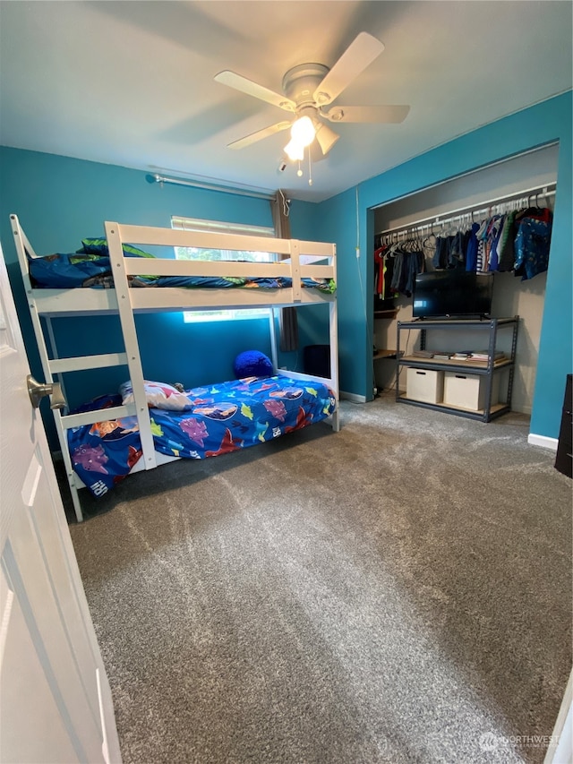 bedroom featuring a closet, carpet, and ceiling fan