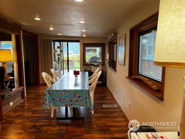 dining room with a textured ceiling, vaulted ceiling, and dark hardwood / wood-style floors