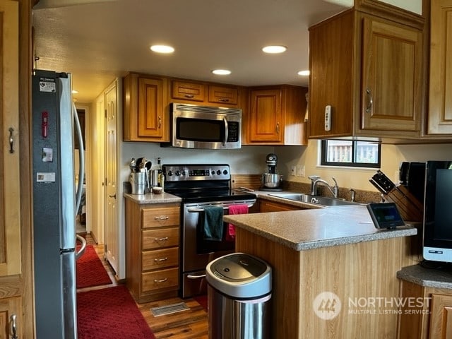 kitchen with sink, dark hardwood / wood-style floors, and appliances with stainless steel finishes