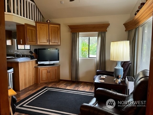 living room featuring high vaulted ceiling and light hardwood / wood-style flooring