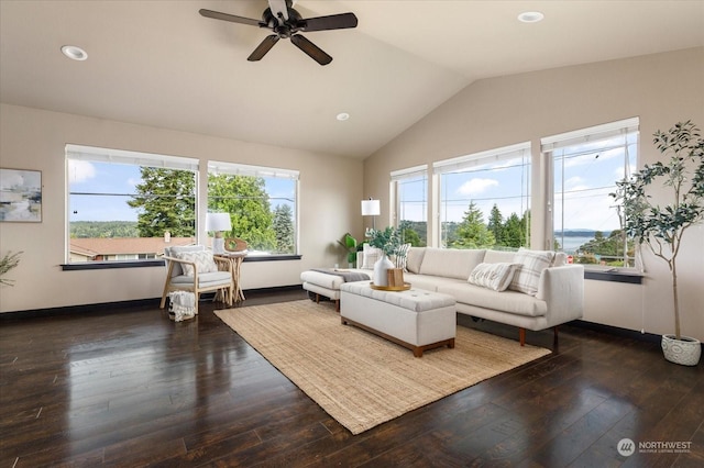 living room featuring dark wood-type flooring, recessed lighting, vaulted ceiling, and baseboards