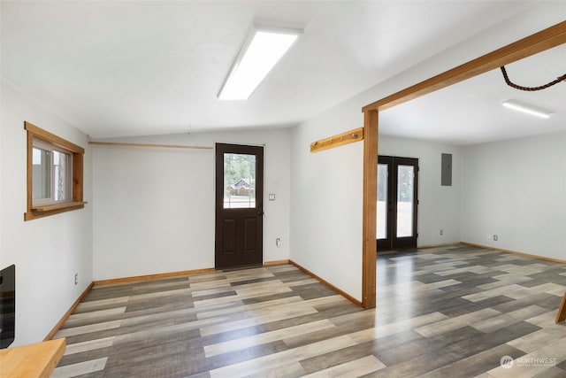 foyer with dark wood-type flooring, plenty of natural light, and french doors