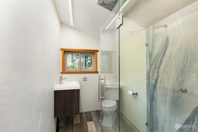 bathroom with lofted ceiling, vanity, wood-type flooring, toilet, and walk in shower