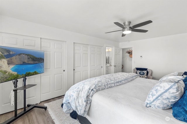 bedroom with ceiling fan and light hardwood / wood-style flooring