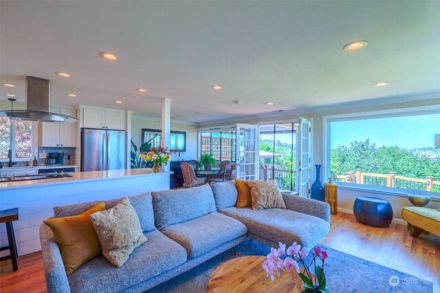 living room with sink and light wood-type flooring