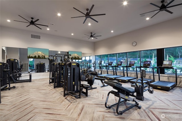 2524 Acer Loop SE, Lacey, WA 98513 - exercise room featuring a high ceiling, recessed lighting, and a ceiling fan