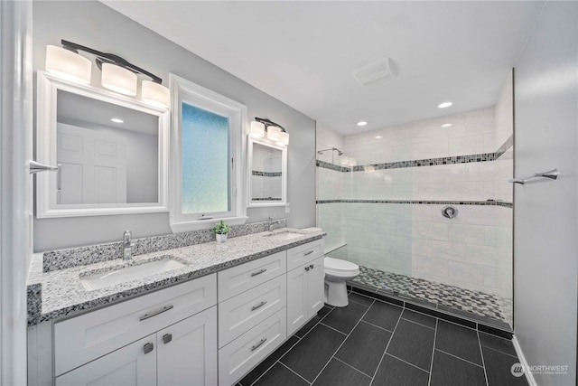 bathroom with vanity, toilet, and a tile shower