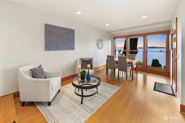 living room with a water view and light wood-type flooring