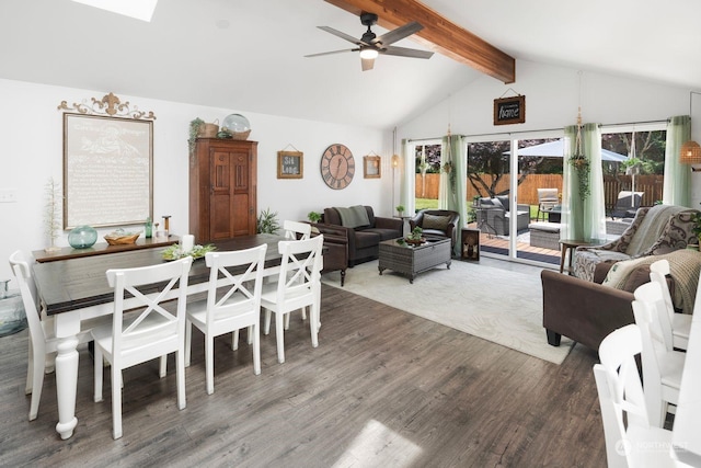 dining area with ceiling fan, vaulted ceiling with beams, and dark hardwood / wood-style floors